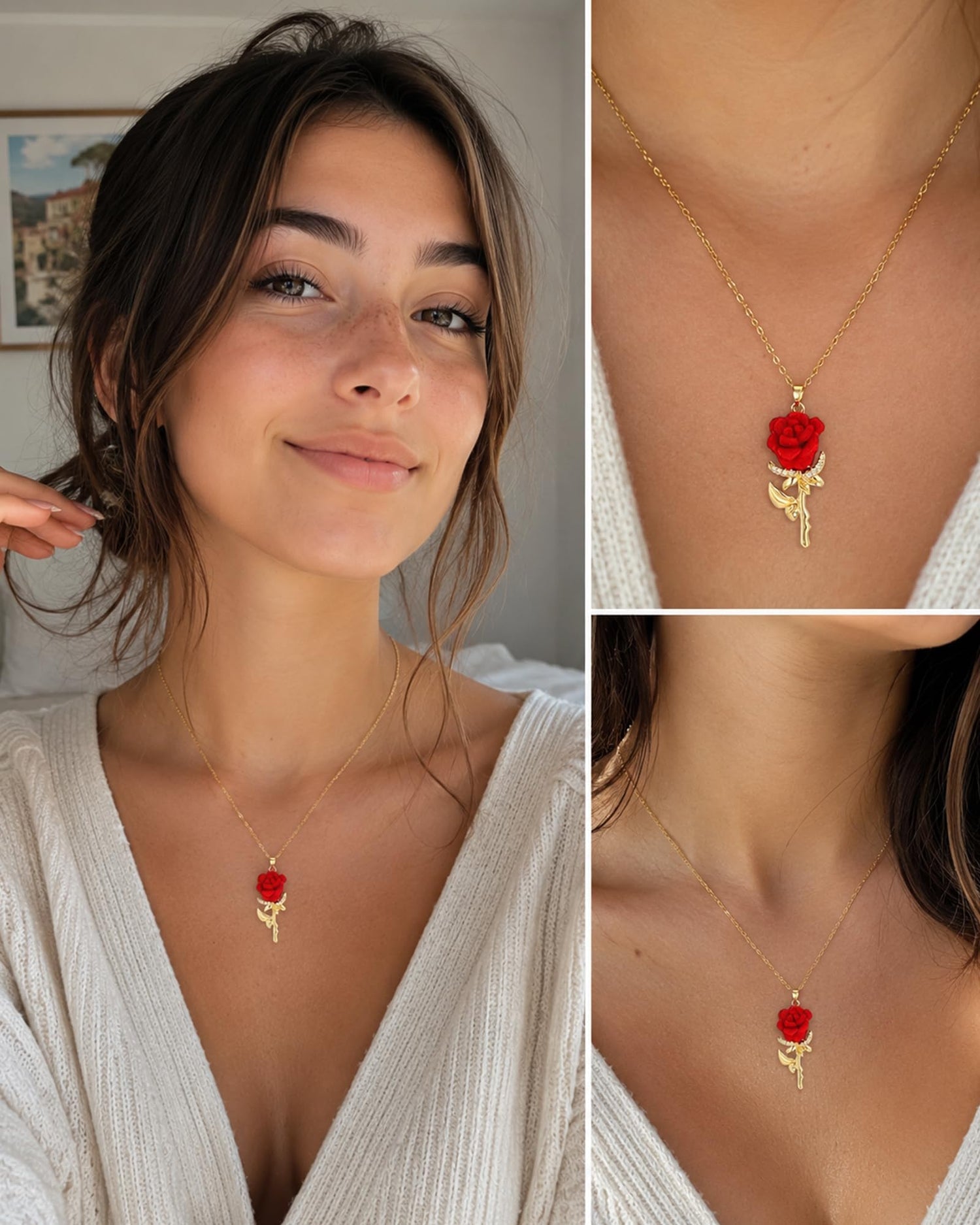 Collar Rosa Eterna llevado en diferentes looks